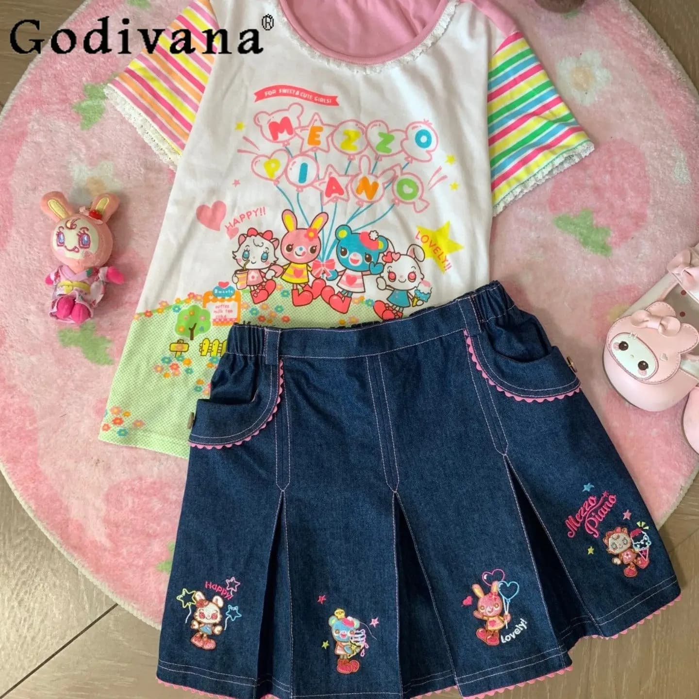 Completo Abito Estivo Ricamato con Cartoni Animati Kawaii per Ragazze Giapponesi - Nuovo Completo con T-shirt a Maniche Corte e Gonna per Bambina