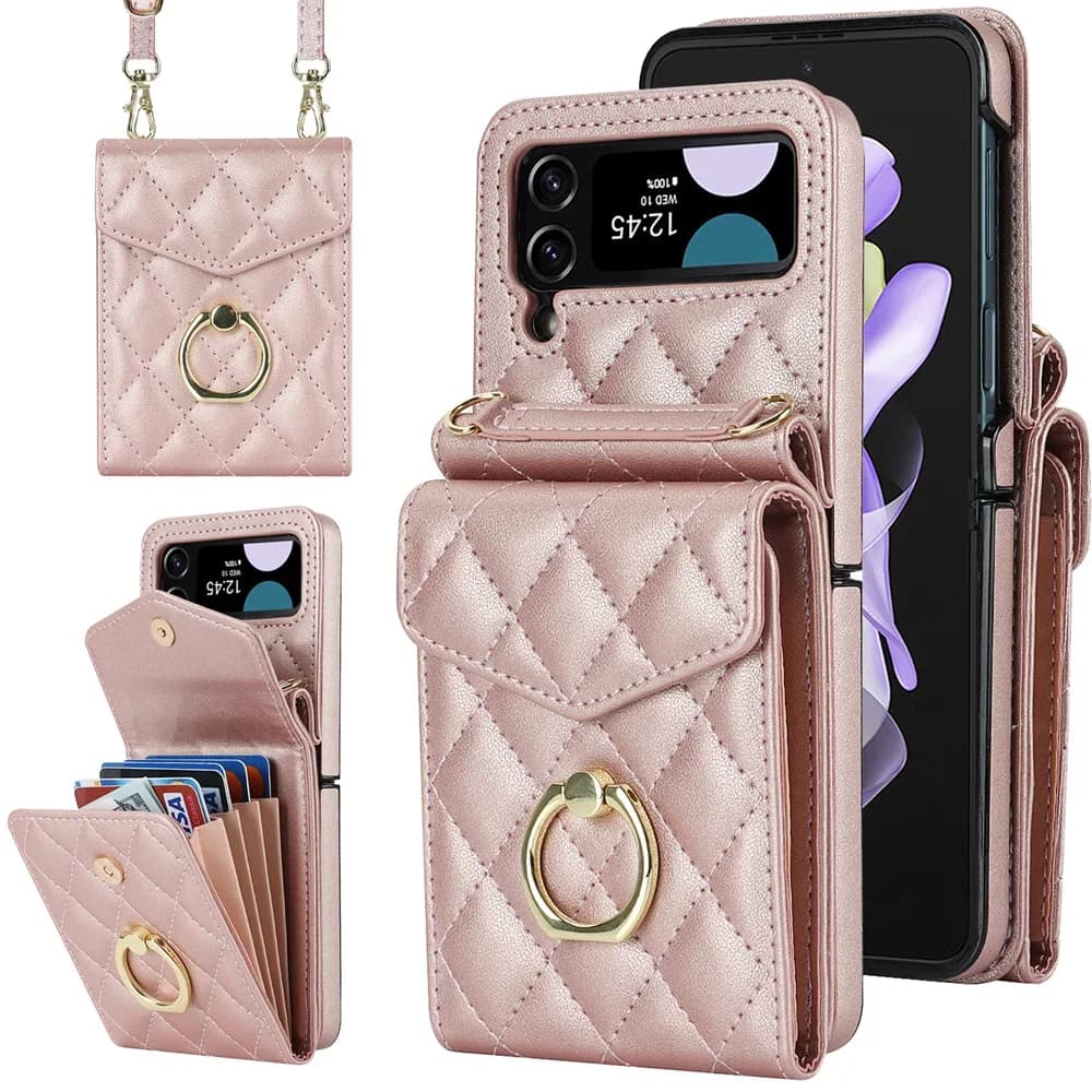 Per Samsung Galaxy Z Flip 5 4 3 Flip5 Flip4 Flip3 5G Crossbody Case Ring RFID Blocking Organ Card Holder cordino Cover in pelle