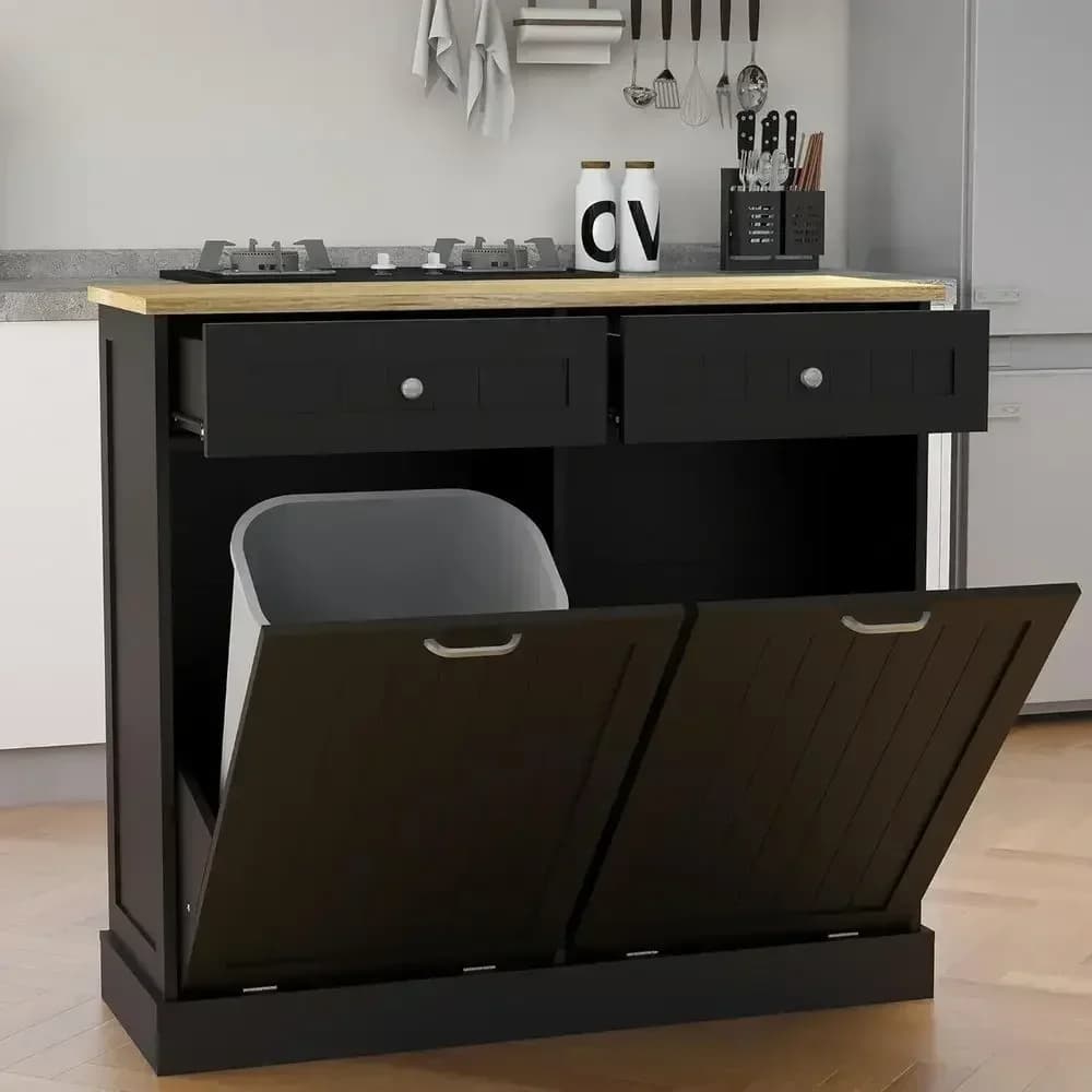 Wooden Double Trash Can Cabinet with 2 Bins, 10 Gallon Capacity, Black