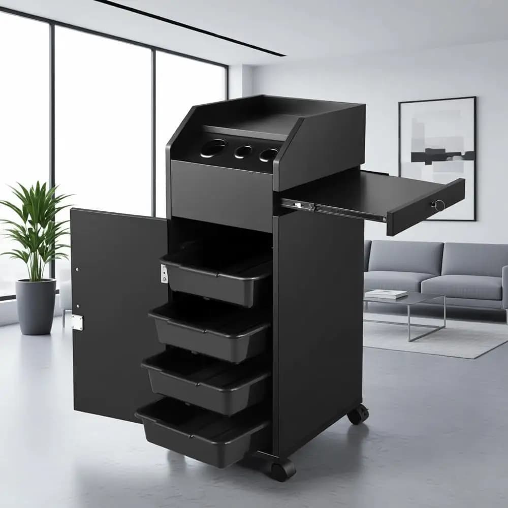 Carrello Mobile Portaoggetti con Supporti per Asciugacapelli, 4 Cassetti, Vassoio Laterale, Ruote Bloccabili con Chiave, Ideale per Centri Estetici e SPA