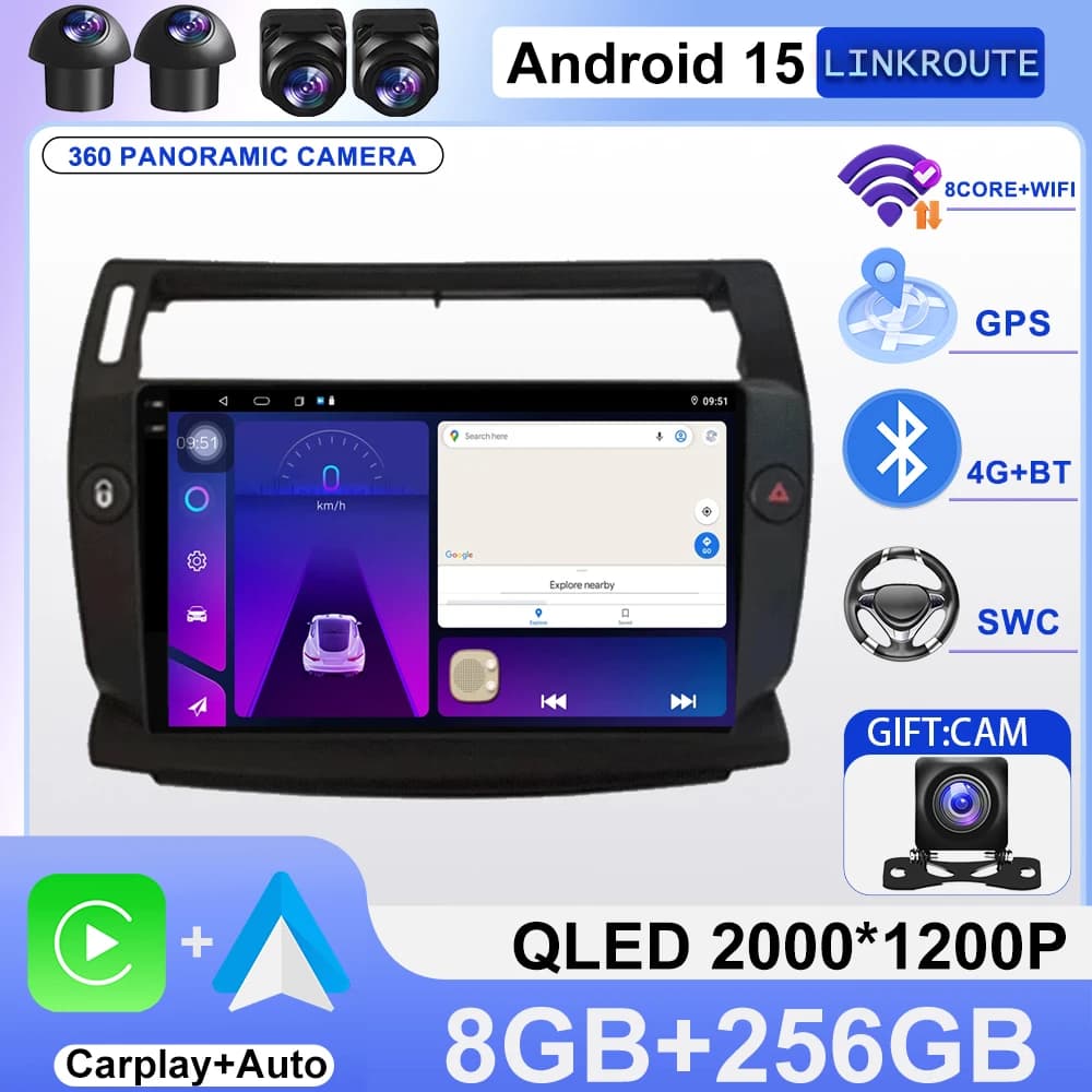 Android 15 Carplay Autoradio Per Citroen C4 C-Triomphe Quatre 2004 - 2014 Navigazione GPS Lettore Multimediale Stereo WiFi + 4G DSP BT