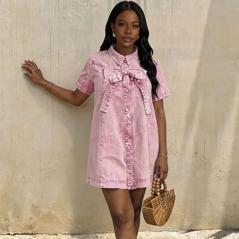Solid Denim Casual A-line Dress for Woman Clothing Short Sleeve Turn-down Collar Bow Single Breasted Party Club Jeans Mini Dress
