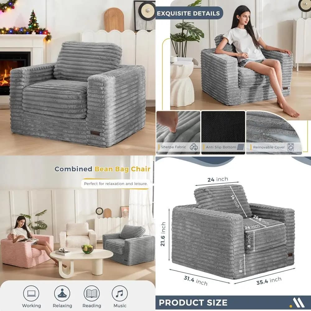 Adult plush armchair with pillows and armrests, large floor sofa for bedroom and living room, grey