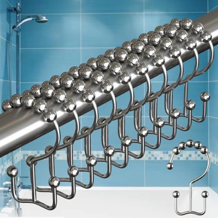 Shower Curtain Hooks - 12 Rust-Resistant Stainless Steel Double Hooks, Easy Glide and Secure Hold, Fits Any Shower Curtain Rod,
