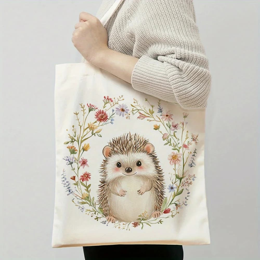 1 borsa tote con stampa floreale a forma di riccio, 40x35 cm, borsa a tracolla, borsa riutilizzabile per la spesa quotidiana e la scuola
