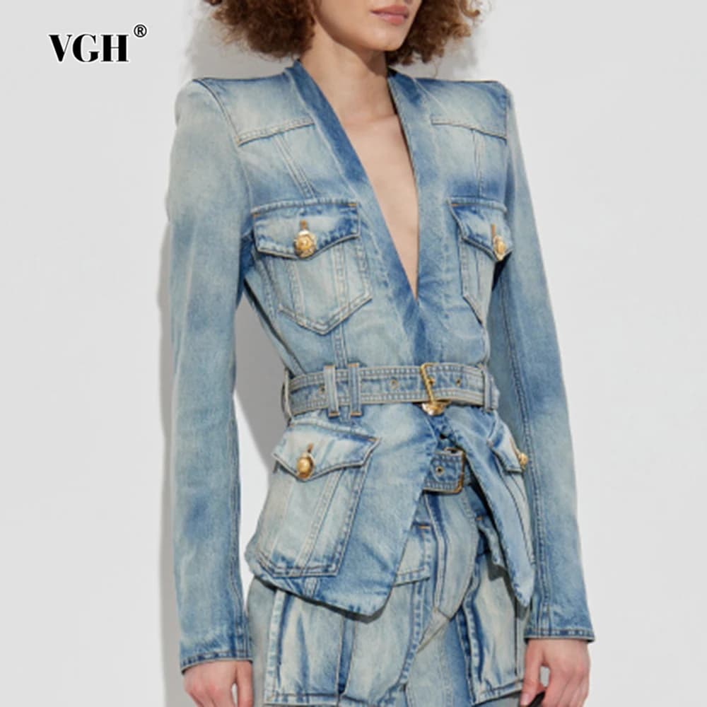 Cappotto in Denim da Donna VGH Shoulder Pud Designer con Scollo a V Profondo, Maniche Lunghe, Patchwork e Cinture - Giacca Sexy e alla Moda per Abbigliamento Femminile