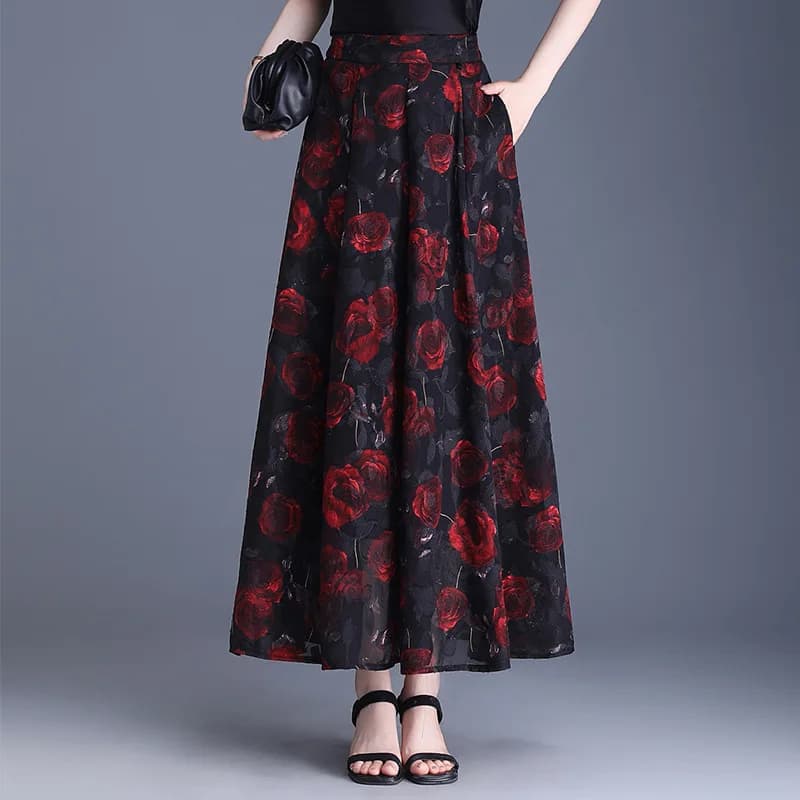 Gonna a pendolo stampata alla moda da donna, nuova collezione Primavera Estate 2026, stile coreano, vita alta, linea ad A, elegante, stile OL