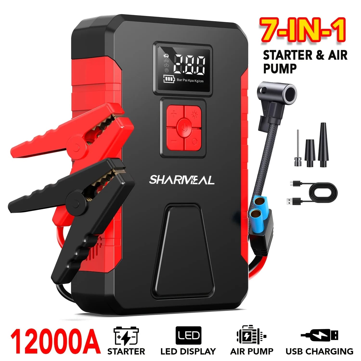 Avviatore di Emergenza Portatile per Auto 12V con Picco di 12000A, Caricabatterie per Auto 12V, Avviatore di Emergenza per Auto con Compressore d'Aria, Adatto per (TUTTI i modelli a Benzina/Diesel fino a 10.0L), Accessori per Avviatore di Emergenza, Luce LED, Gonfiatore Pneumatici