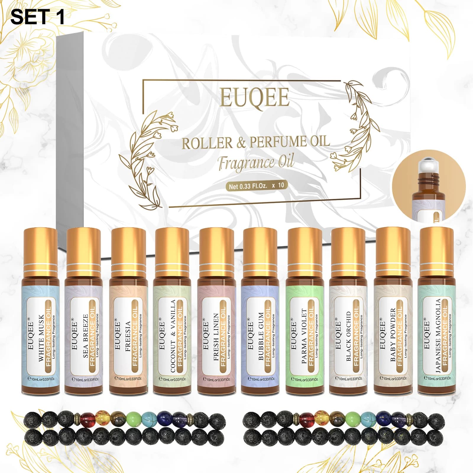 EUQEE 10PCS Scented Oils Moisturizing Set Deodorant for Car Musk White Cock and Vanilla Masticating Rubber Black Orchid Oil