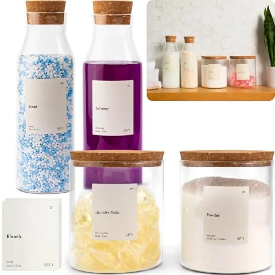 Contenitore dosatore di detersivo in vetro [ETICHETTE INCLUSE] Grandi barattoli in vetro per l'organizzazione e l'arredamento della lavanderia - Dispenser di sapone per bucato