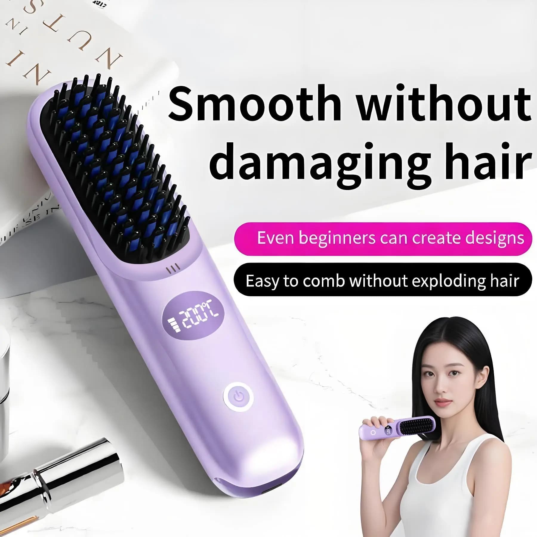 Spazzola Lisciante Senza Fili, Go Brush Pro, Mini Spazzola Portatile per Lisciare i Capelli, Pettine Lisciante a Riscaldamento Rapido per Donne