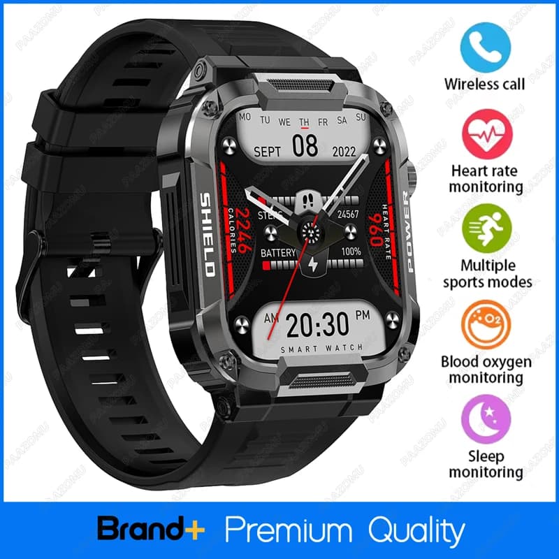 Robusto orologio intelligente militare da uomo con batteria grande da 400 mAh Cardiofrequenzimetro Display da 1,85 '' Chiamata Bluetooth MK66 Aggiornamento Outd