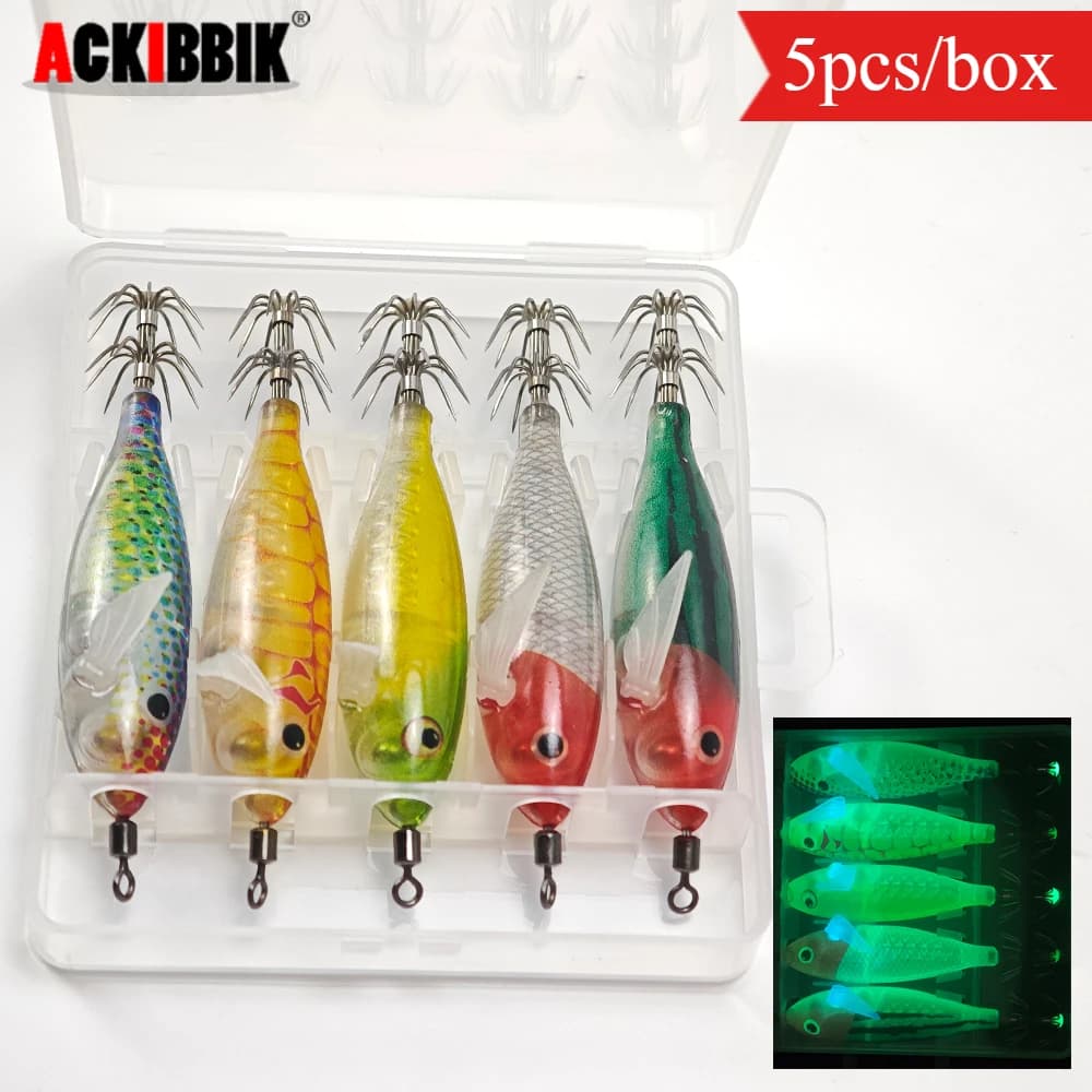5pcs/box Horizontal Squid Jig Egi Set Luminous Glow in Dark Squid Jig Octopus Cuttlefish Hook Night Sea Fishing Tackle