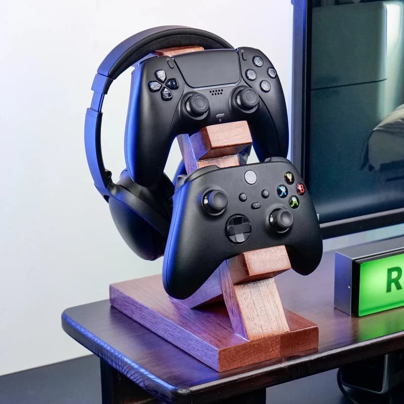 Supporto per controller di gioco in legno a 3 livelli per PS5/Xbox Supporto per cuffie durevole Accessori Rack con gancio per organizer