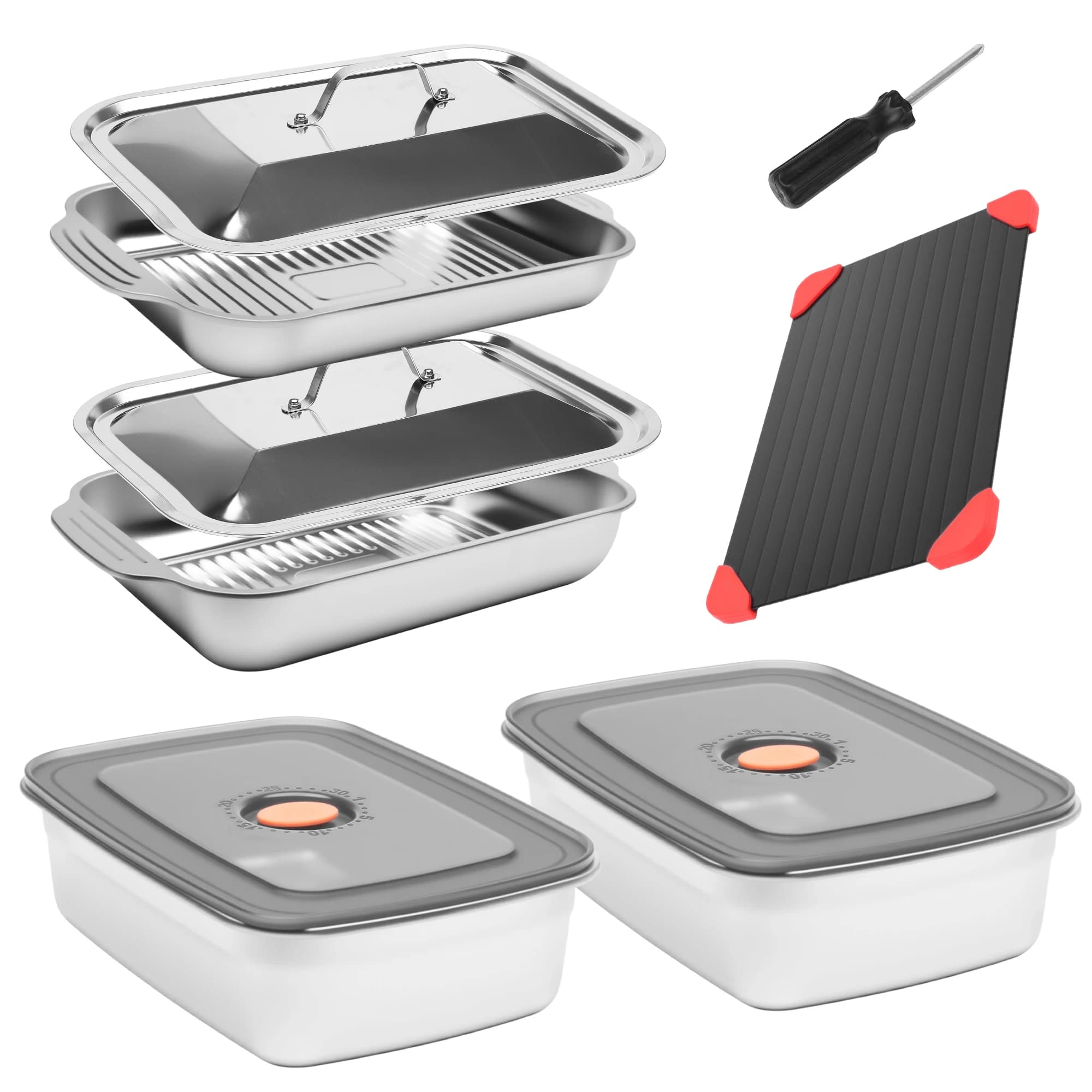 Grill Prep Trays Set Of 8, Stainless Steel Baking Pan with Lid, Grilling Prep and Serve Tays, Cookie Sheets, 2 Marinade Container With Lids, Cutting Board