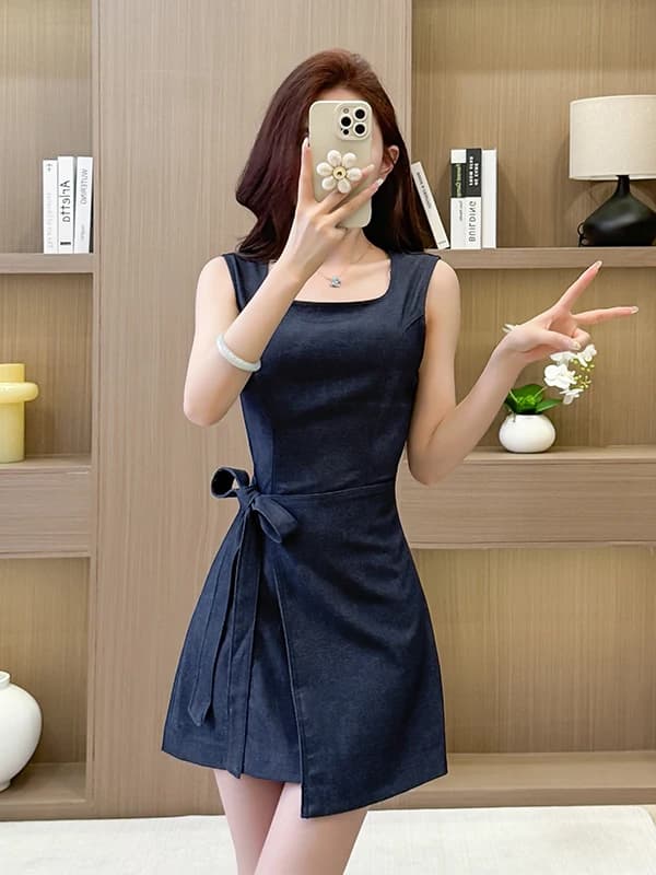 Summer Women's Sleeveless Square Collar Dress A-Line Short Jeans Skirt Belted Slimming Commute Style Tie Design Medium Stretch