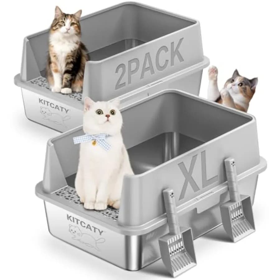 Set di 2 Lettiere in Acciaio Inox con Coperchio, Lati Alti, Extra Large per Gatti Grandi, Non Assorbe gli Odori