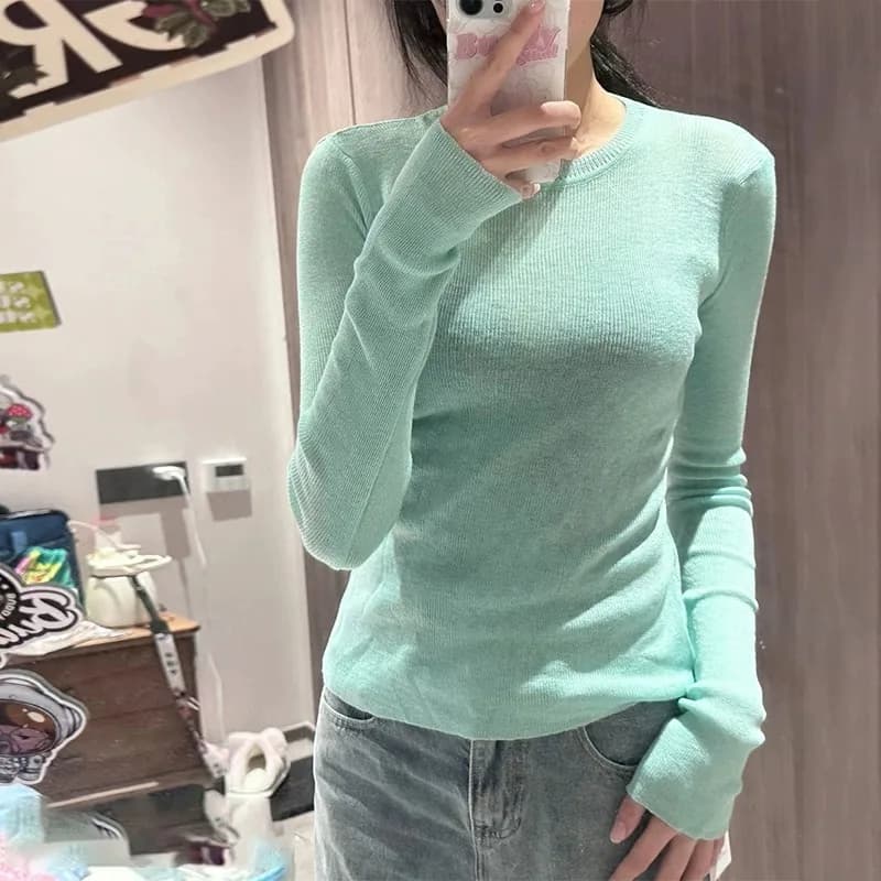 Spring 2024 Mint Green Micro-Transparent Knitted Base Shirt Women's Sexy Long Sleeve T-Shirt Commute Style Polyester Blend