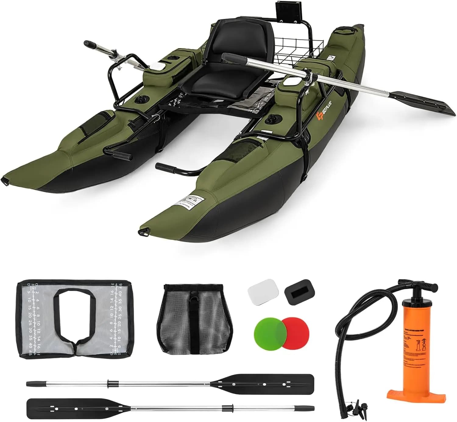 Adult Inflatable Belly Boat with Foldable Padded Seat, Adjustable Footrest, Pump, Paddles, Fish Ruler, Storage Basket, and Pockets – 400 lbs Load Capacity for Fishing and Angling