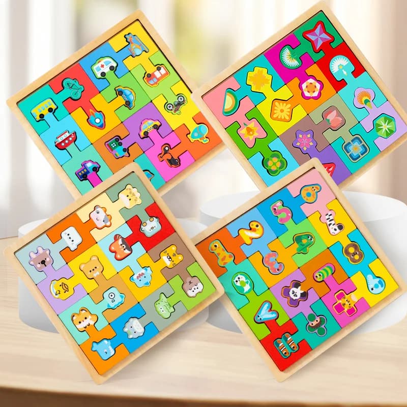 Puzzle in Legno con Forme di Animali/Mezzi di Trasporto/Numeri/Frutta, Set di Blocchi per Coordinazione Occhio-Mano, Pensiero Logico e Abilità Motorie Fini, Gioco Regalo
