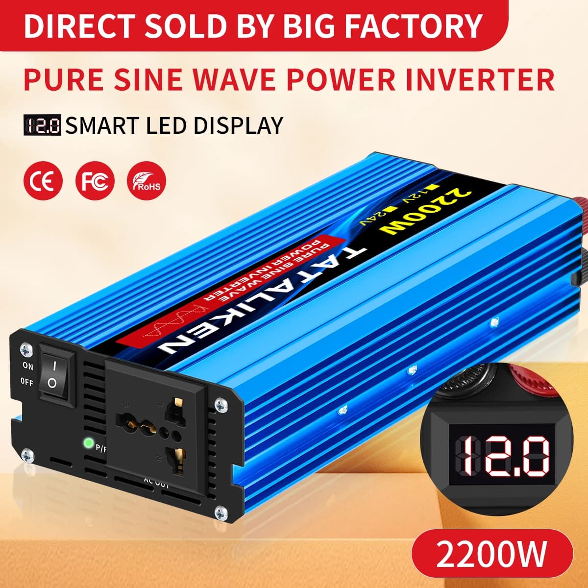 Single Wave inverter 1000W-4000W from DC 12V and 24V to AC 220V 50Hz, Charger and Adapter with Universal socket