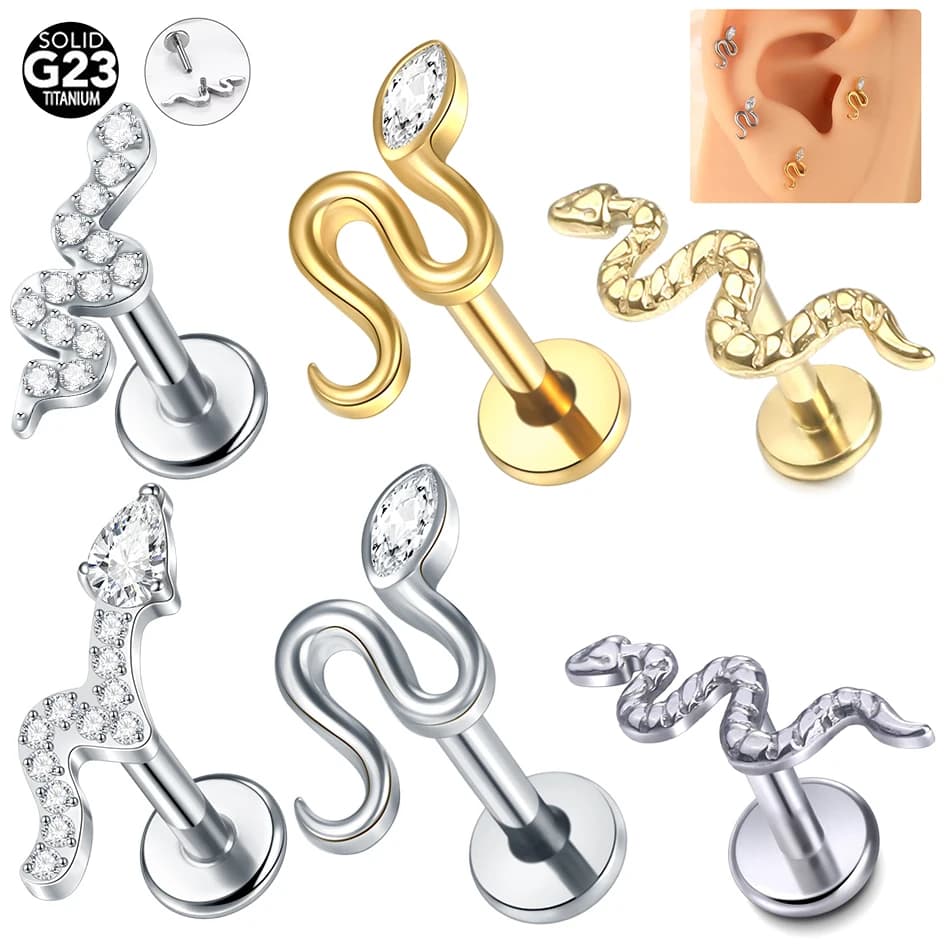 10 pz/lotto Titanio Viper Serpente CZ Labret Cartilagine Orecchino Della Vite Prigioniera Parte Posteriore Piana Conchiglia Helix Trago Lip Piercing Gioielli Sexy 16G