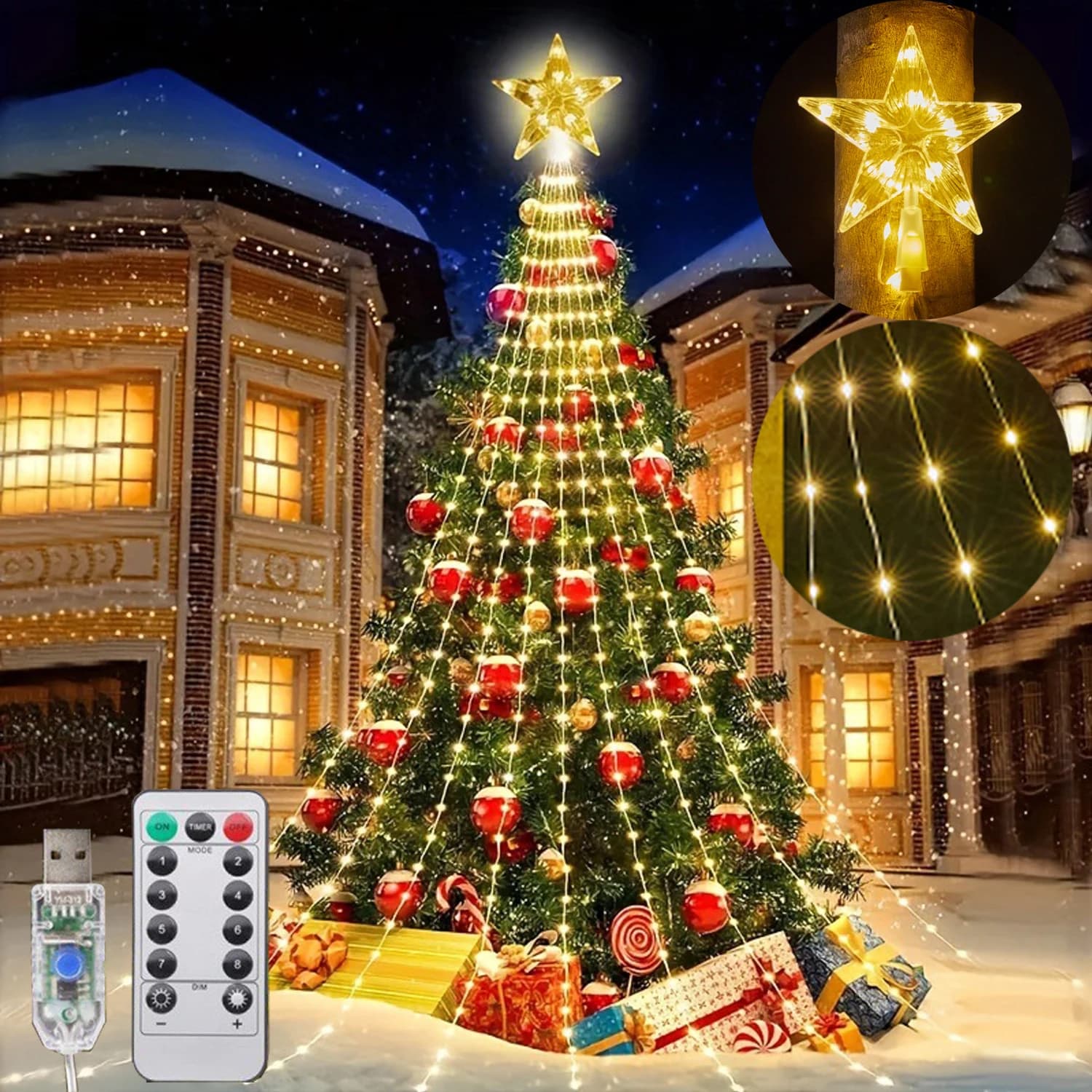 LED Cascata di Natale Luce della stringa Albero di Natale Ghirlanda esterna per interni Decorazione Lampada solare / USB per matrimoni in giardino