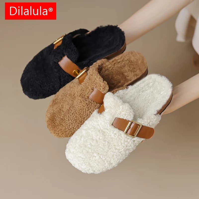 Dilalula 2026 Fashion Women Wool Slippers Low Thick Heels Covered Toe Belt Buckle Dec Lady Autumn Winter Warm Casual Mules