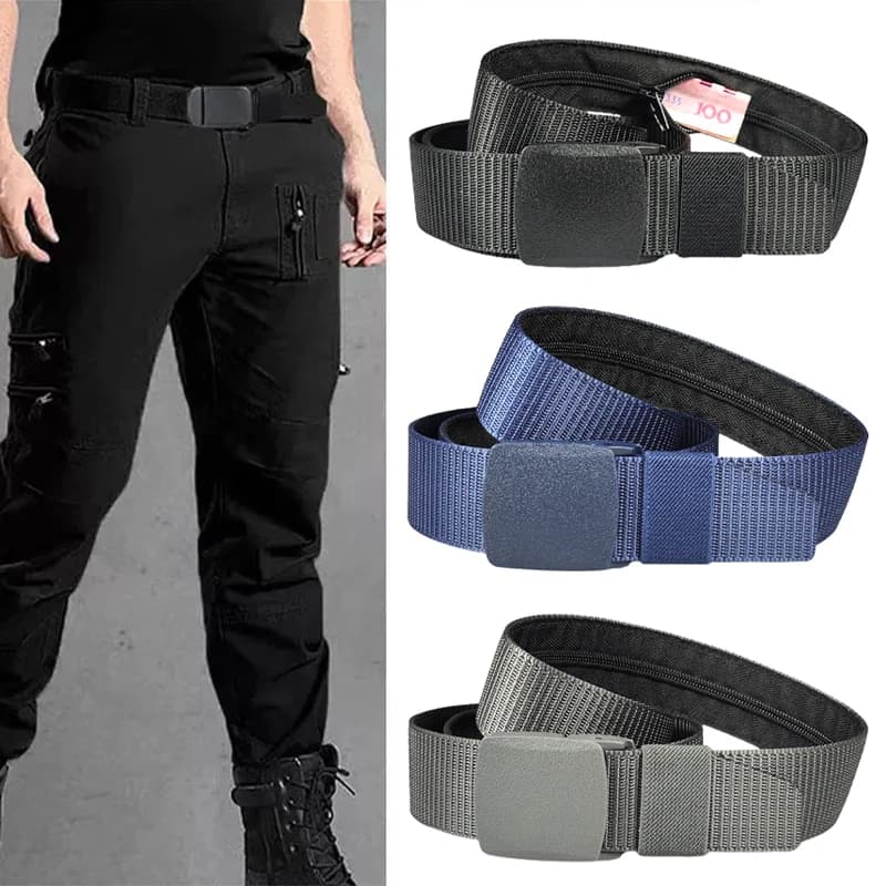 Men's belts with pocket for money slot with zipper, outdoor safety money for anti-theft, nylon belt with hidden wallet for gifts
