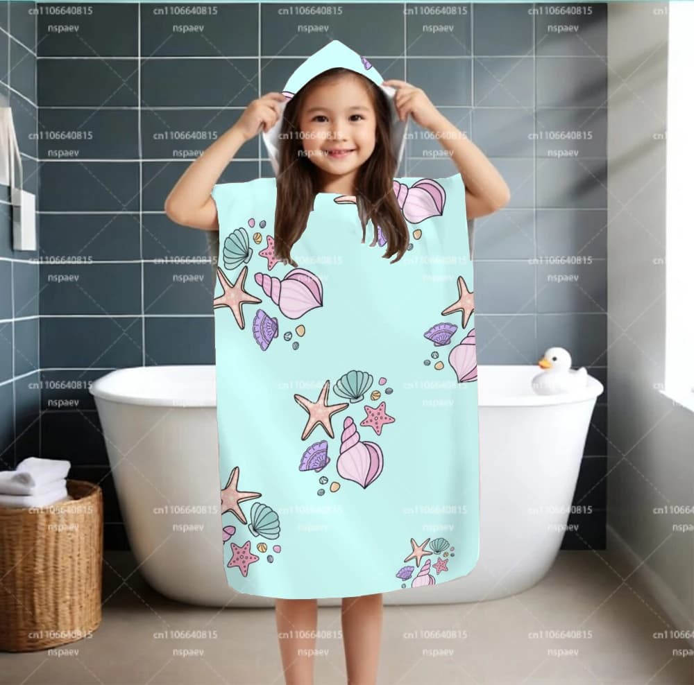 Asciugamano con Cappuccio per Bambini, Morbido e Assorbente con Stampa di Stelle Marine e Conchiglie, Accappatoio da Spiaggia per Bambine, Telo da Bagno per Piscina