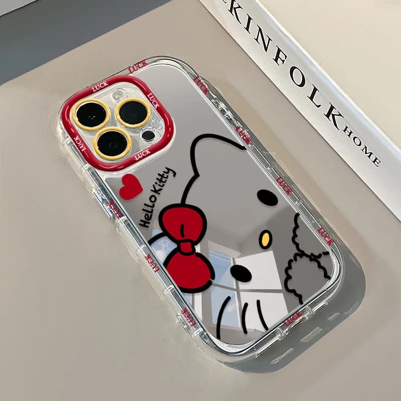 Custodia per telefono a specchio Hello Kitty con fiocco rosso per iPhone 11 12 13 14 15 16 17 Pro Max XS X XR 16 7 8 15 Plus 16E, cover antiurto con paraurti