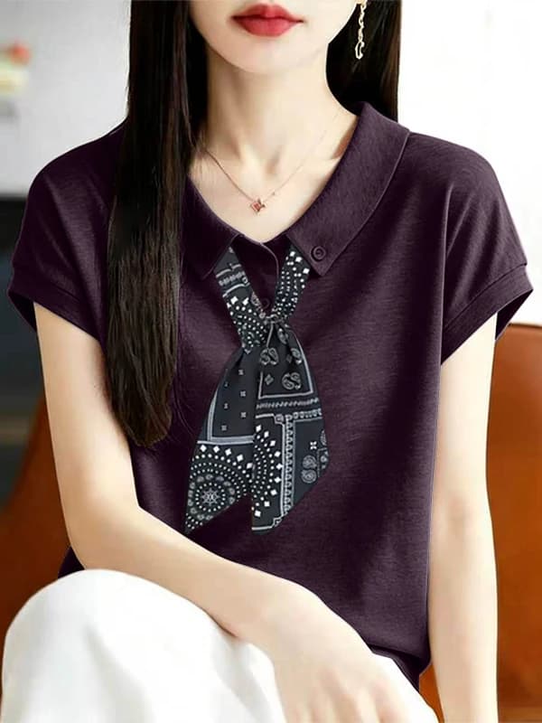 Summer New Style Loose Large Size Shirt Women's T-Shirt with Silk Scarf Knot Short Sleeve Turn-down Collar Breathable Co...