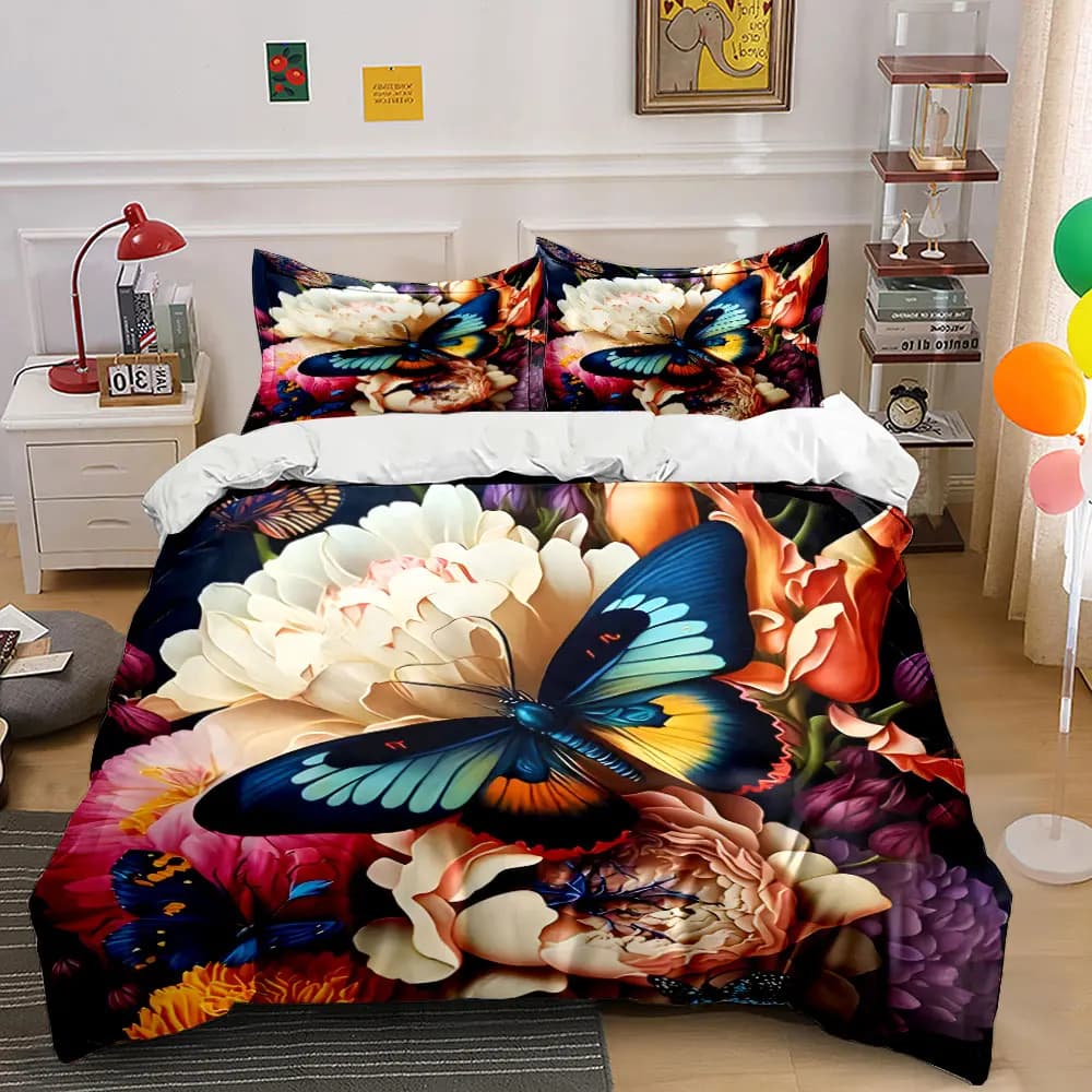 Set di biancheria da letto con farfalle floreali, 3 pezzi, copripiumino con stampa di farfalle tropicali vivaci su fiori + 2 federe, decorazioni romantiche