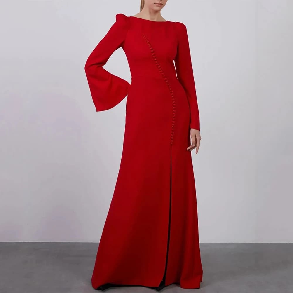 Elegante abito da ospite di nozze Rosso maniche lunghe Bottoni Abiti da festa formali a sirena per le donne Abito da sera a tromba con spacco laterale o collo