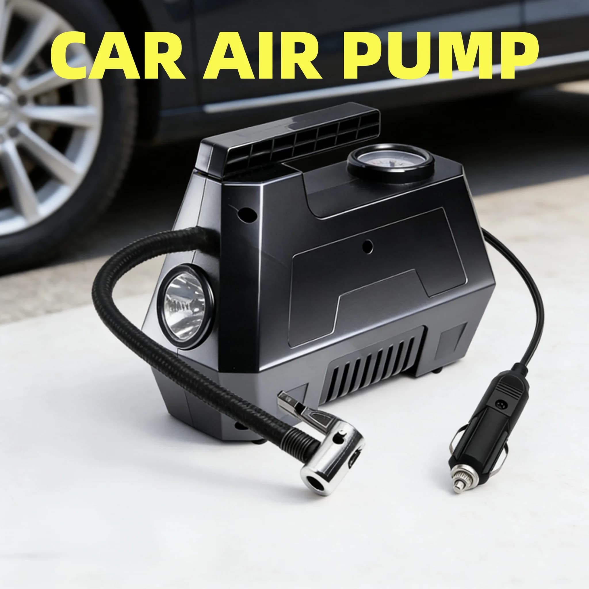 Accessori auto: Gonfiatore elettrico per pneumatici auto 12V multifunzione, pratico e compatto, con cavo per gonfiaggio.