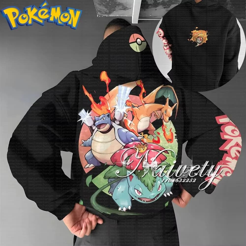 Felpa con Cappuccio Pokemon Starter Trio Autunno-Inverno 2026, 100% Cotone con Stampa Anime, Abbigliamento Sportivo per Adulti e Bambini