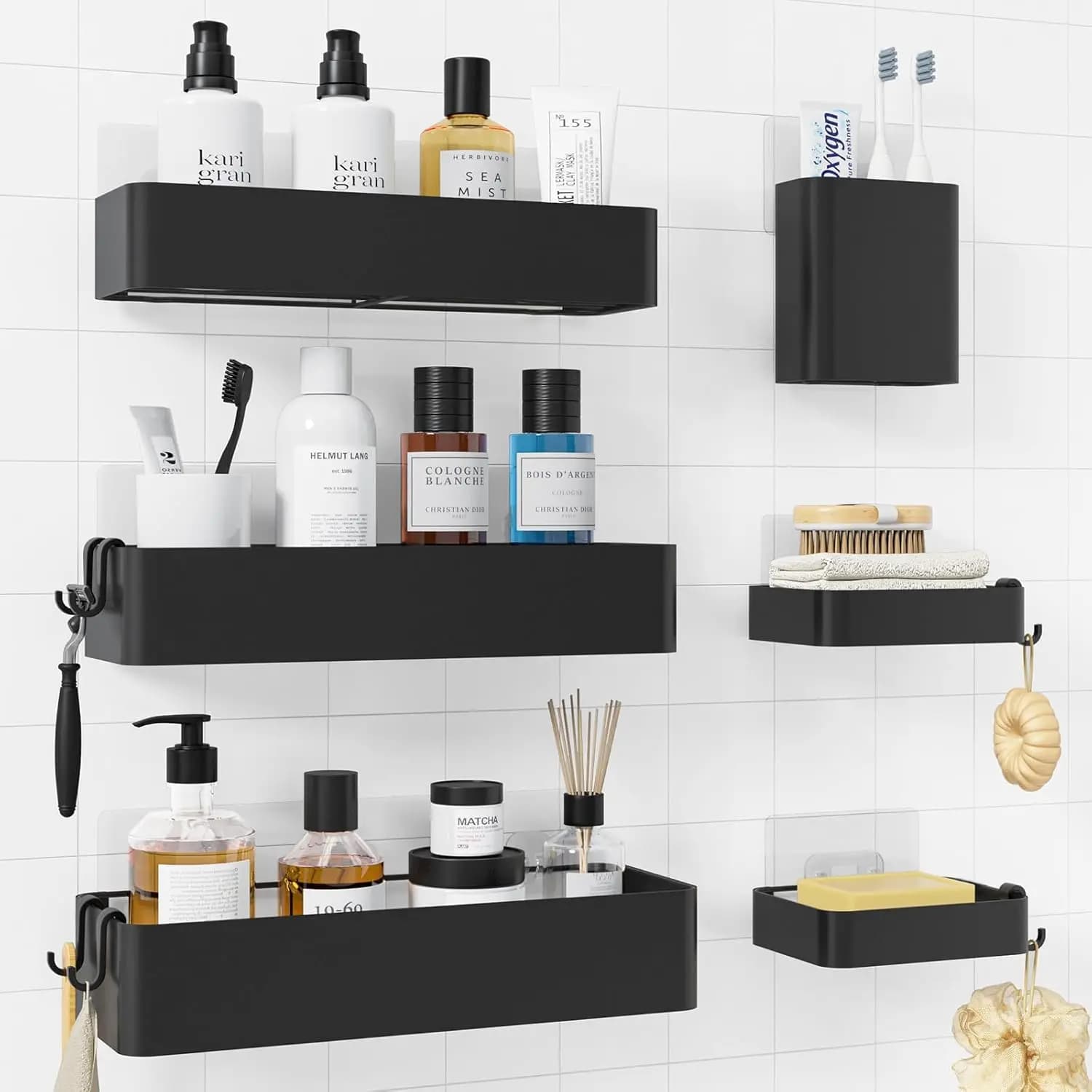 Set di 6 Portaoggetti da Doccia Senza Foratura con Portasapone, Porta Spazzolini e Ganci - Organizzatore da Bagno Antiruggine in Nero