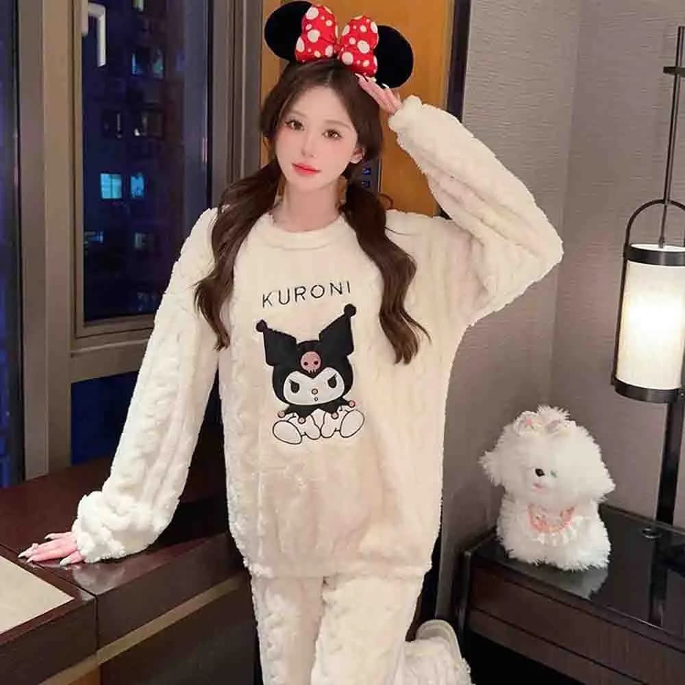 Hello Kitty Women's Embroidered Velvet Pajama Set Long Sleeve Top and Matching Pants Comfortable Winter Pajama Home Clothes Set