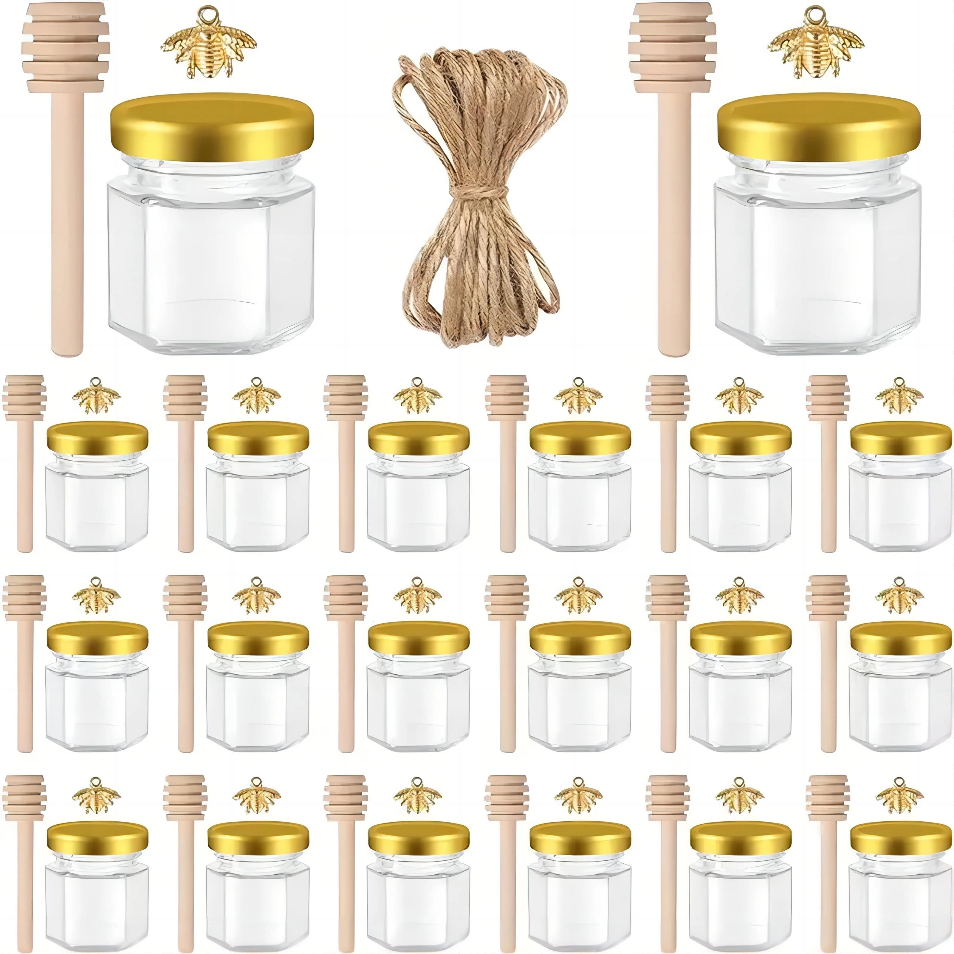 Mini barattoli di miele in vetro esagonale da 1,5 Oz con mestolo in legno, pendenti e giuti a forma di ape, per baby shower, bomboniere, bomboniere