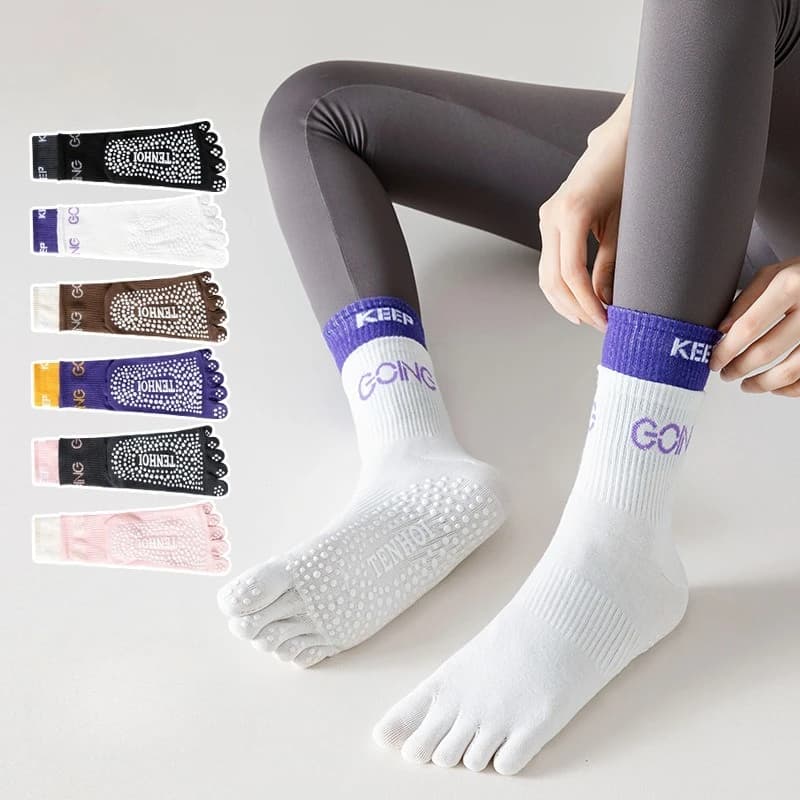 Calzini a 5 dita per donna e ragazza, antiscivolo, con gripppy, per yoga, in cotone traspirante, per pilates, allenamento, pavimento di casa