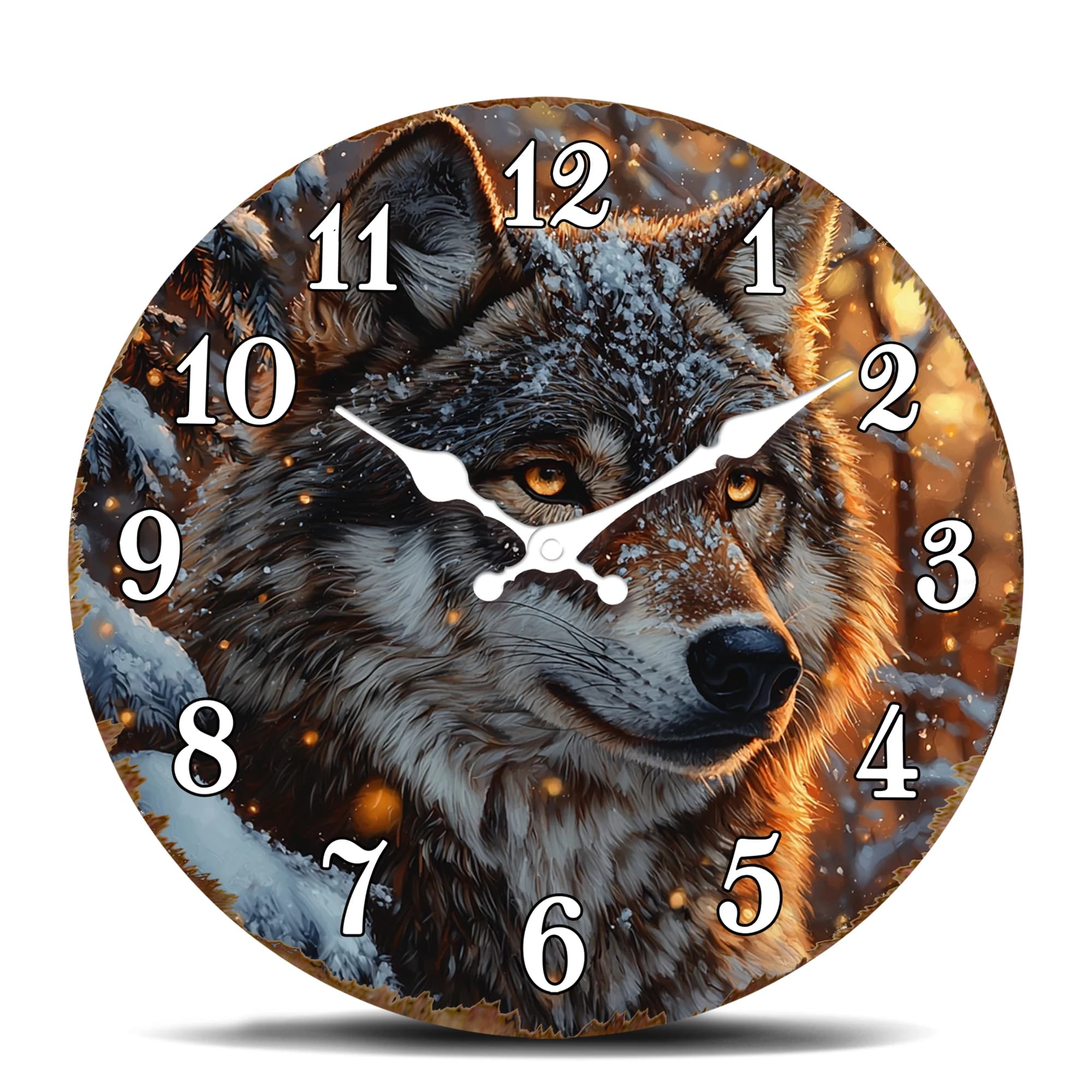 Wall clock with wolf in snowy forest - Round watch with wild animals for living room, silent quartz movement, natural inspired watch