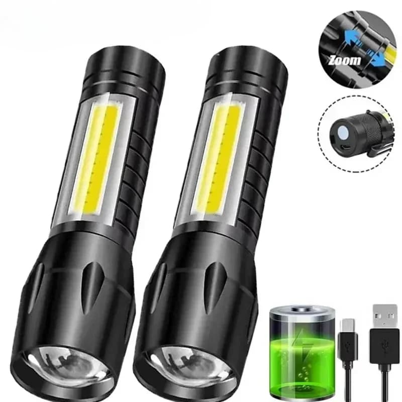 Portable COB + LED camping tactical torch with USB rechargeable zoom side lamp Waterproof outdoor emergency torch