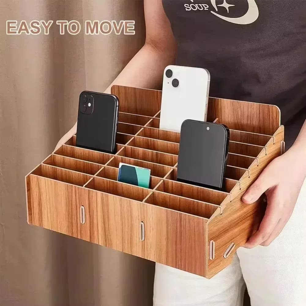24-Grid Wooden Cell Phone Storage Box, Mobile Phone Management Storage Box Desktop Organizer for Office and School Supplies