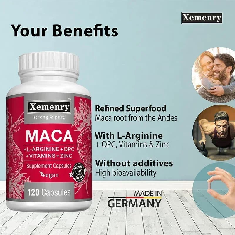 Maca root capsules + L-arginine, vitamins B6 + B12, OPC and zinc, for men and women, supplement of 120 vegetable cappucci