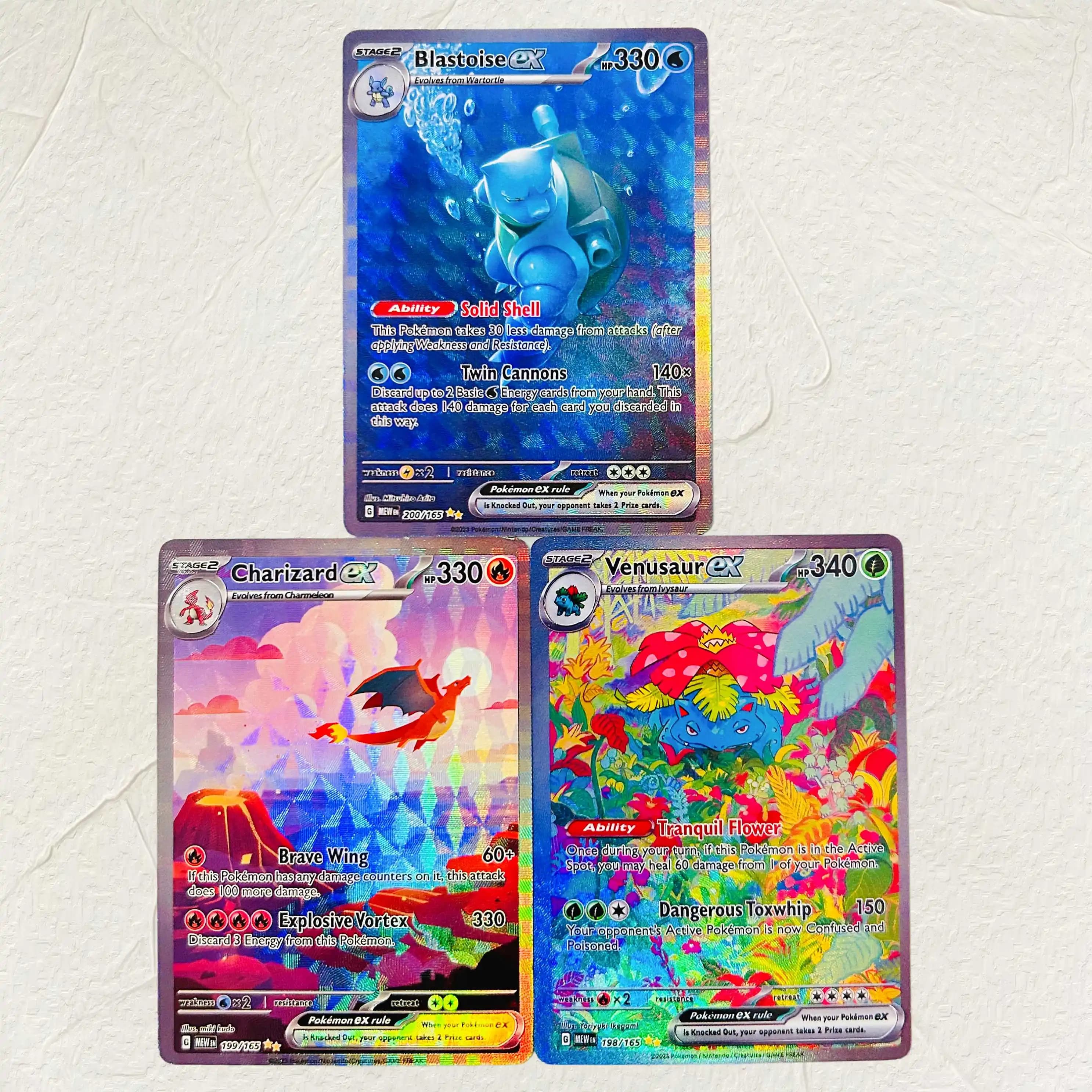 DIY Blastoise Charizard Venusaur EX 3PCS Foil Texture Cards English Version Collectible Grade Premium Anime Collection Cards