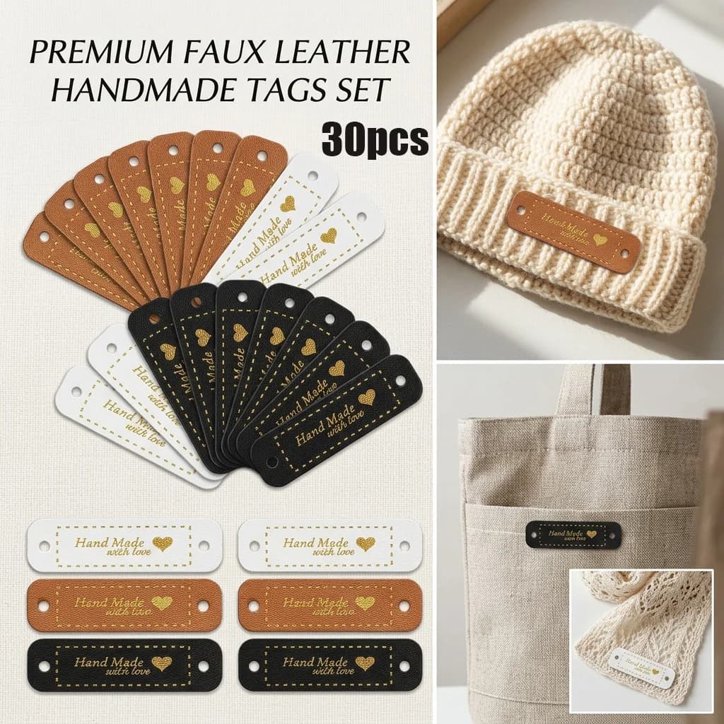 30 Etichette in Pelle Fatto a Mano con l'incisione 'Handmade With Love' per Abbigliamento all'Uncinetto, Etichette in PU Goffrate, Patch Fai da Te per Cappelli, Borse, Jeans