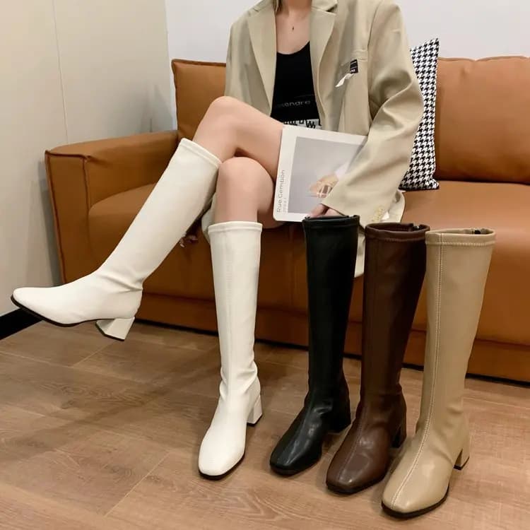 Knee-high Chunky Heel Boots Women's New Autumn Winter Square Head High-calf Knight Boots Elastic Fashion Boots Korean Style