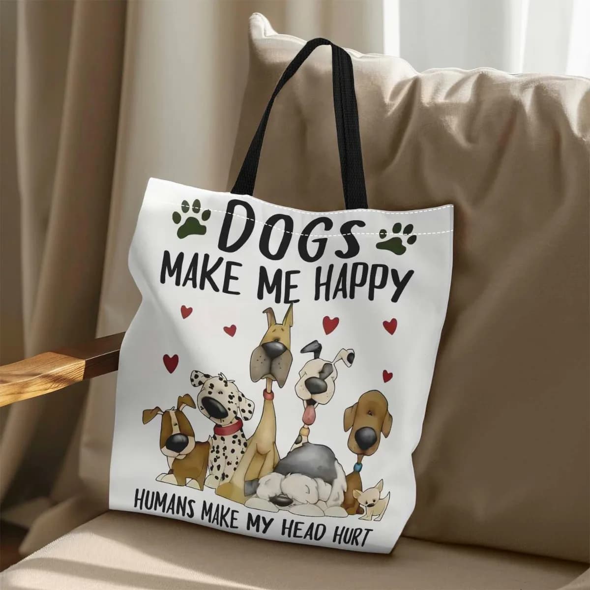 Borsa in tela con motivo cane - Design con slogan "I cani mi fanno felice", resistente e spaziosa
