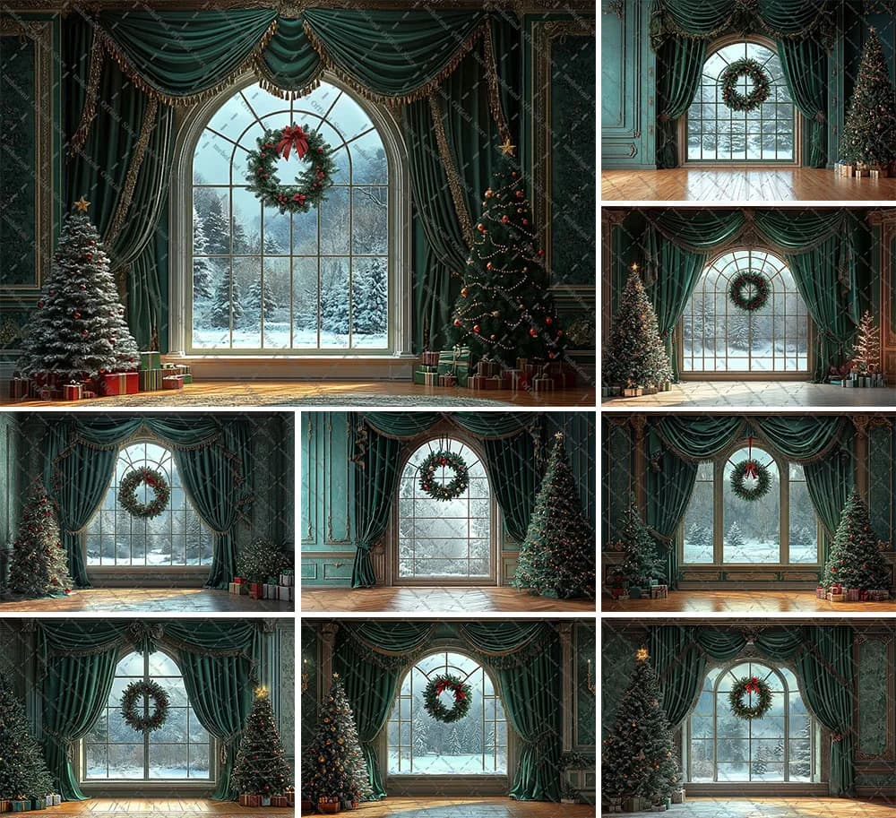 Mehofond Photography Background Christmas Green Curtain Window Forest Xmas Tree Kids Family Portrait Decor Backdrop Photo Studio