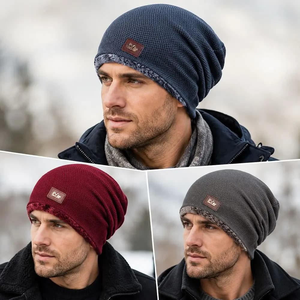 Warm Fleece Lined Casual Knitted Hat Label Decor Knitted Material Slouchy Winter Hats Solid Pullover Winter Beanie Men and Women